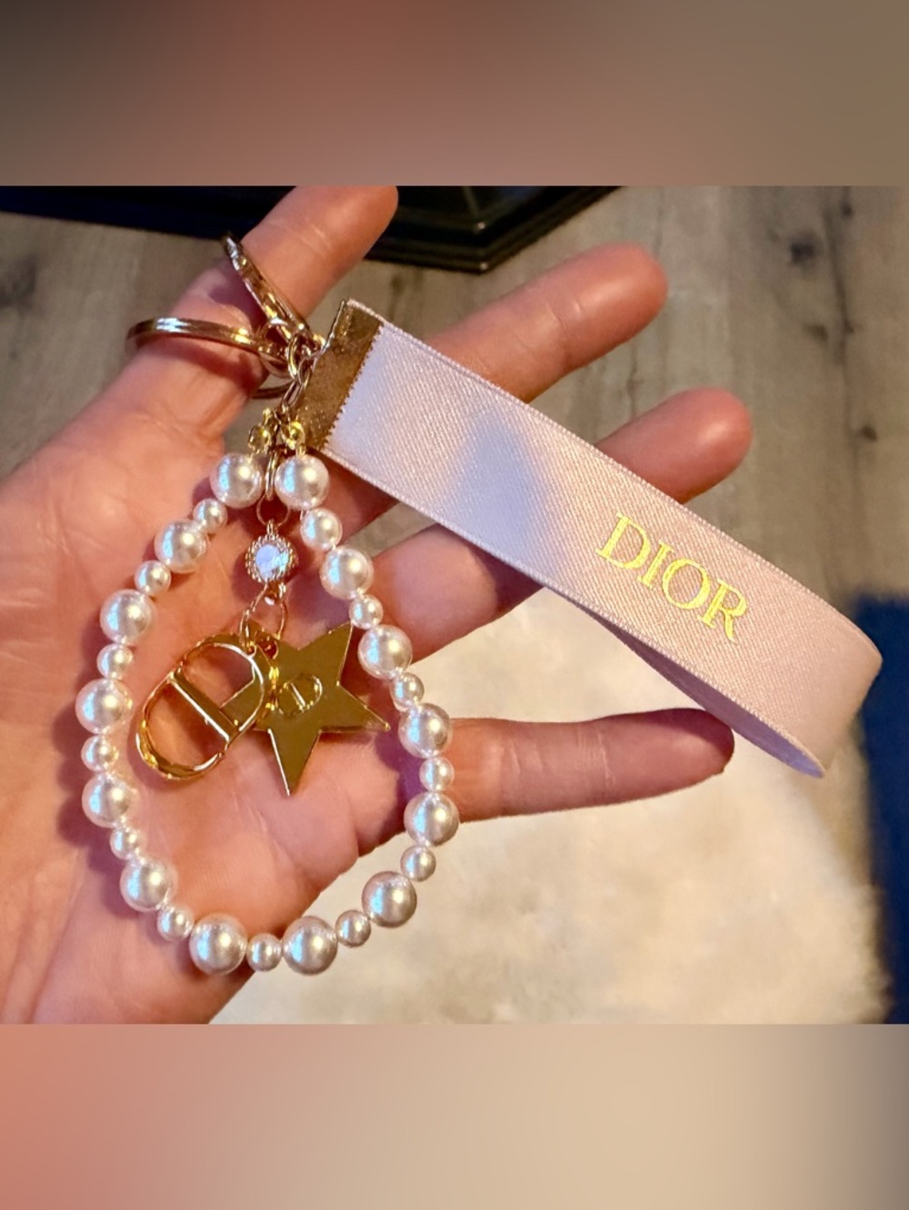 NEW Pink & Gold Dior Pearl Keyring/Bag Charm w Gold ‘CD’, Star & Clear Crystal